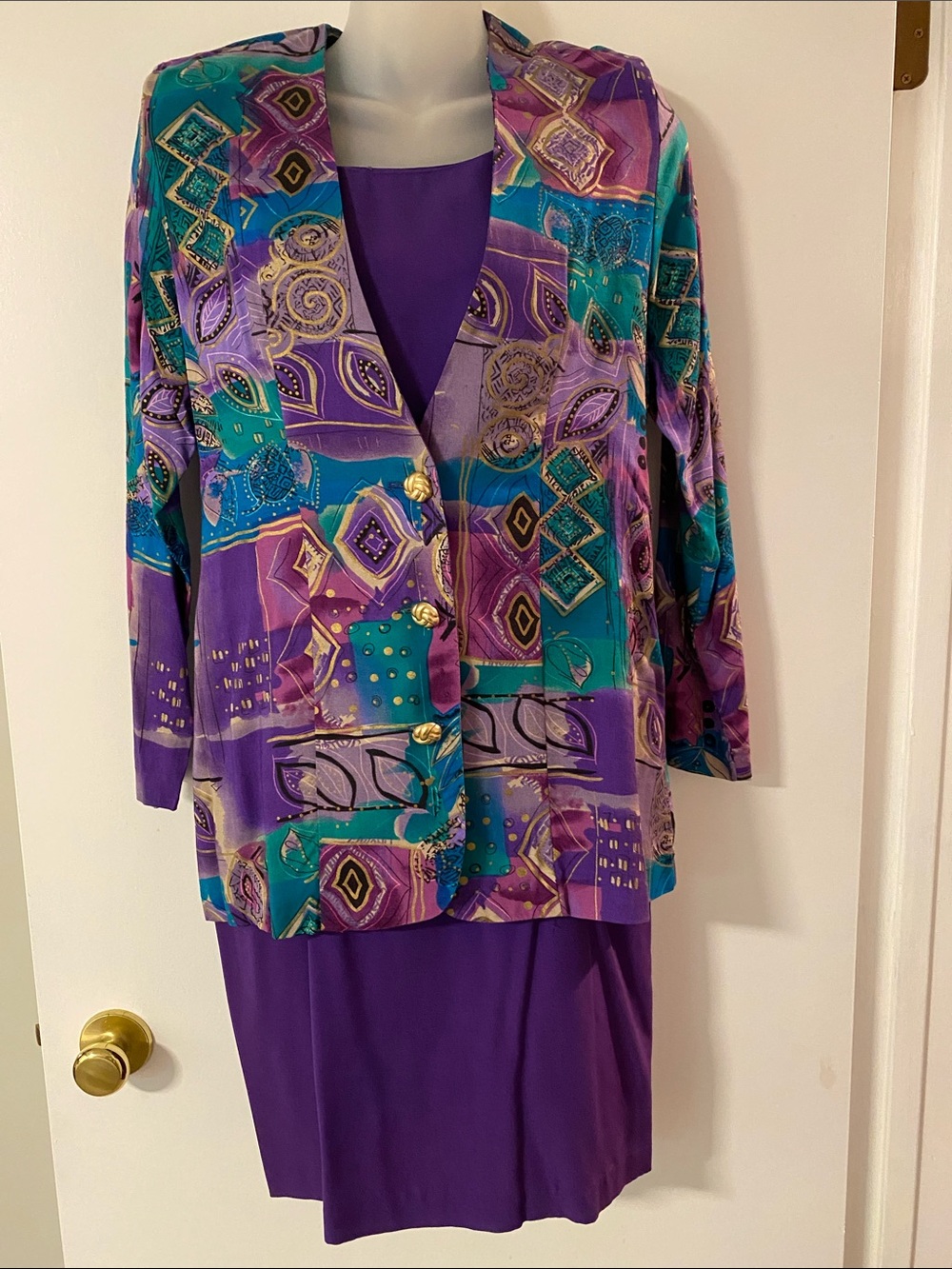 Purple Teal Geometric Print Women's Dress Set